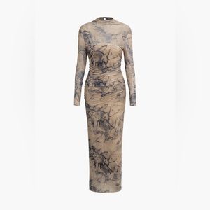 Abstract Print Mesh Long Sleeve Dress